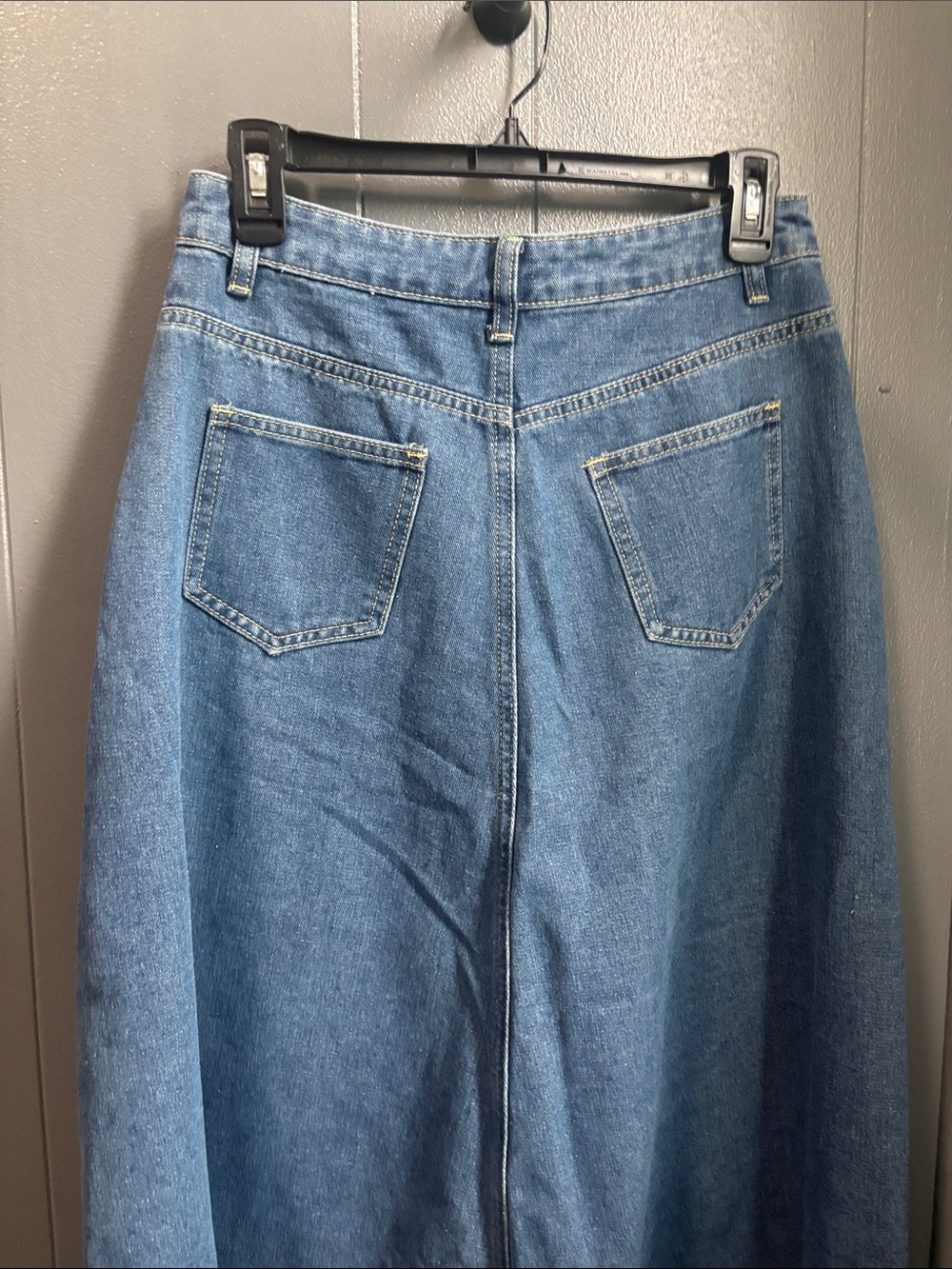 Denim A-Line Maxi Skirt with Frayed Front Slit - Blue 28” waist - Picture 6 of 9